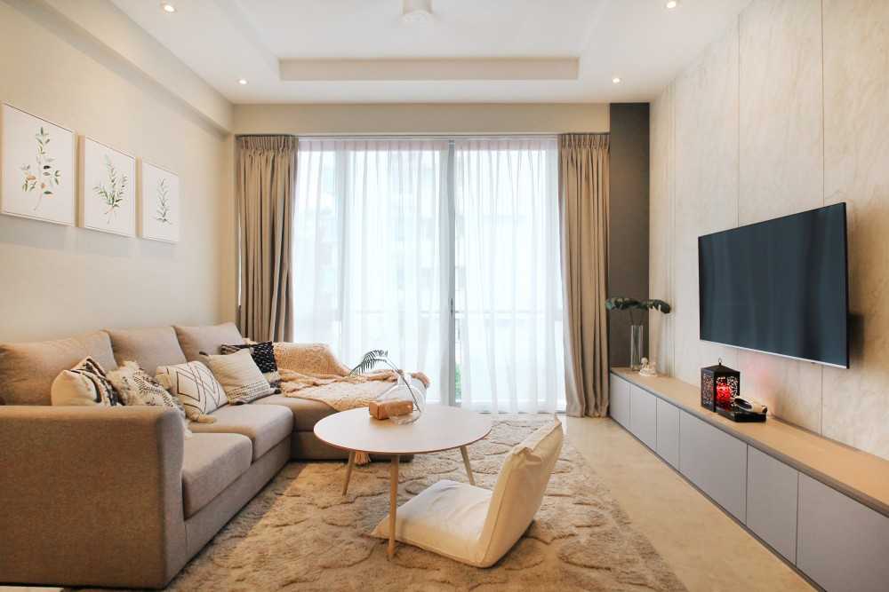 Scandinavian Living Room with TV Console and Feature Wall