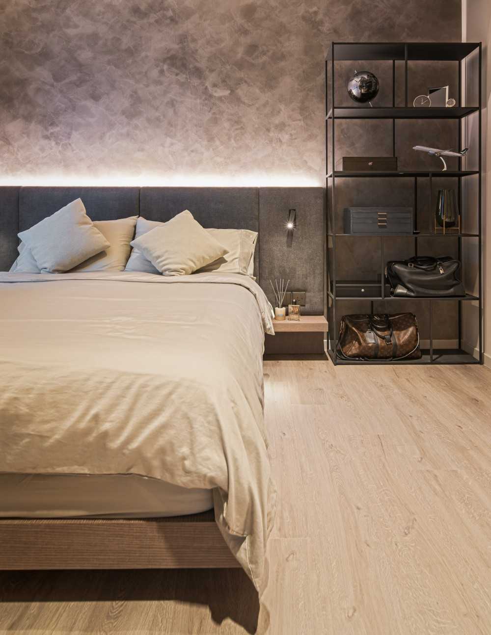 Contemporary Bedroom with Cove Lighting and Built-in Bed