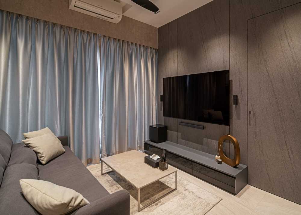 Contemporary Living Room with TV Console and Cove Lighting
