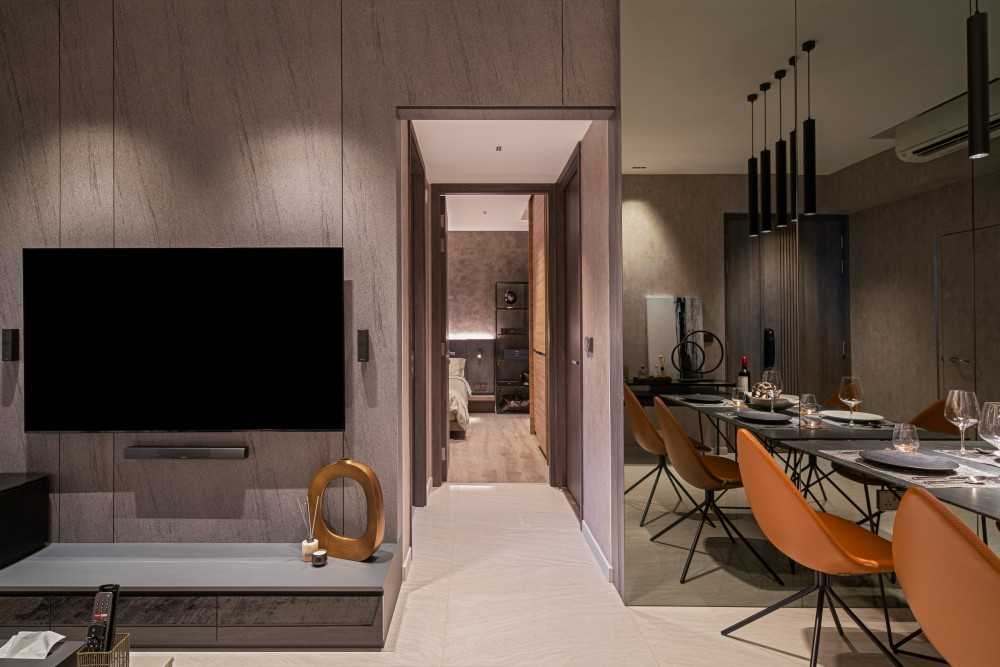 Contemporary Living Room with TV Console and Feature Wall