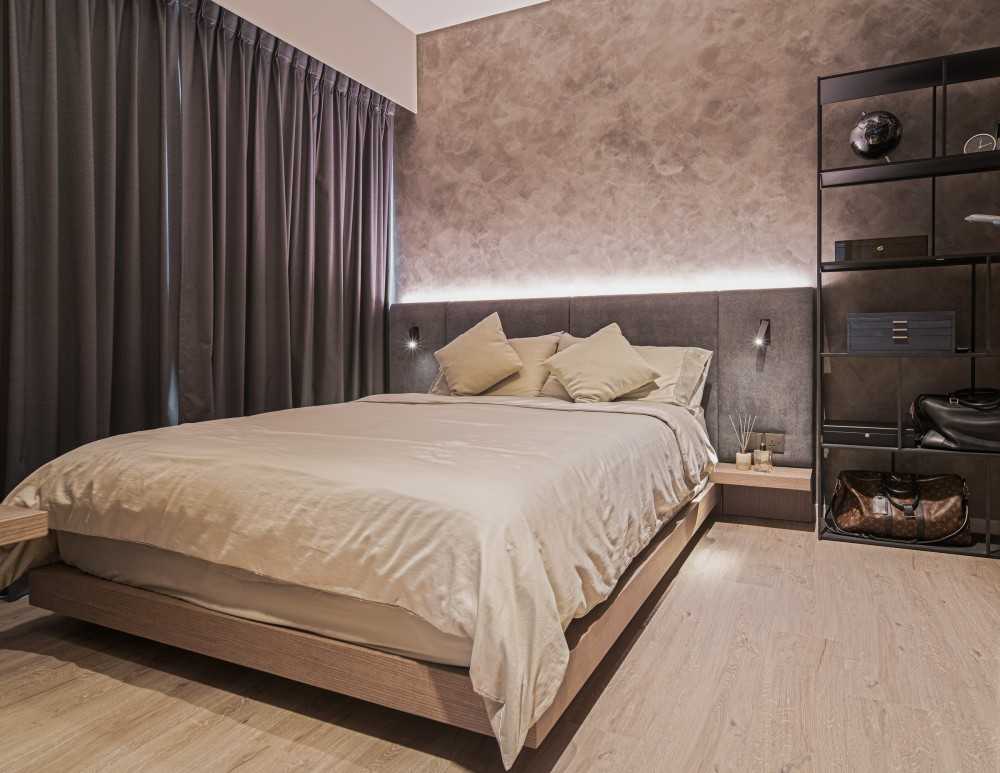 Contemporary Bedroom with Cove Lighting and Built-in Bed