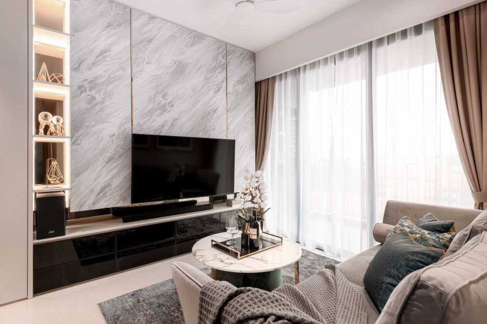 Contemporary Living Room with TV Console and Feature Wall