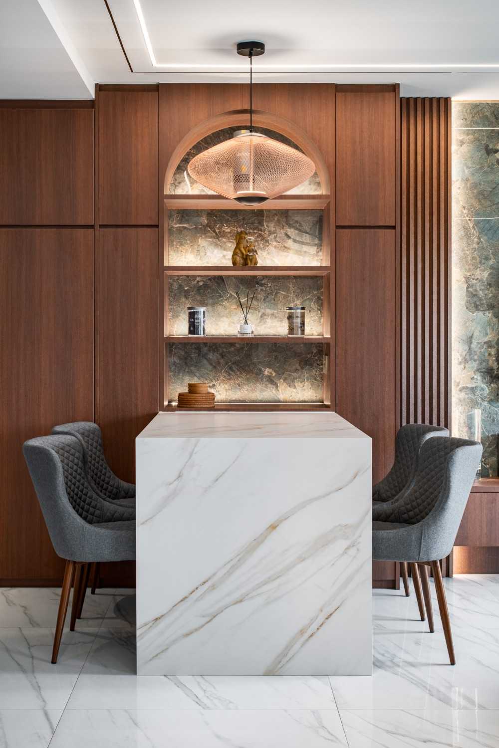 Contemporary Dining Room with Drop Ceiling and Chandelier