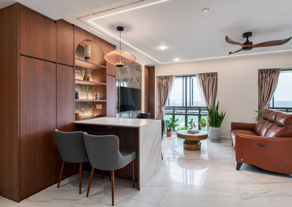 Contemporary Living Room with Homogeneous Tiles and TV Console