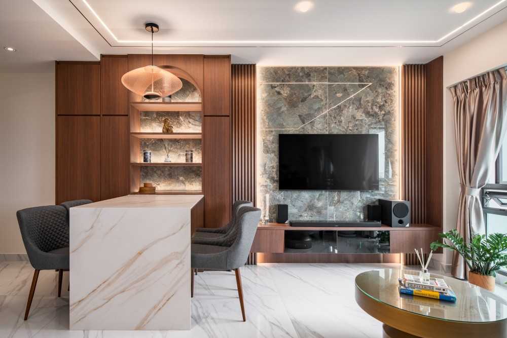 Contemporary Living Room with Countertop and Homogeneous Tiles