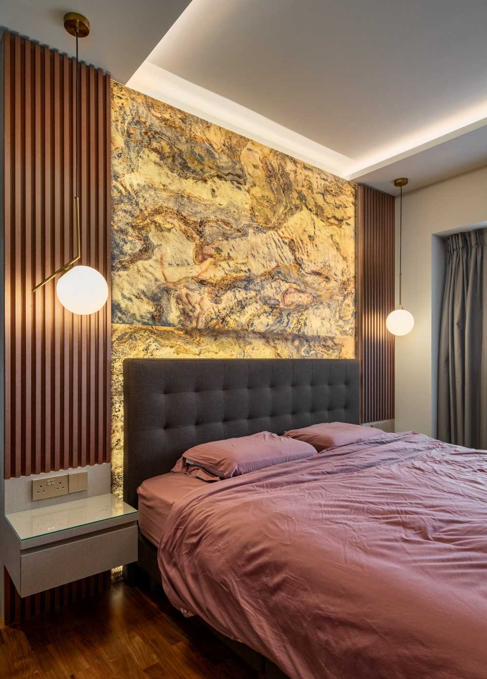 Contemporary Bedroom with Chandelier and Downlights