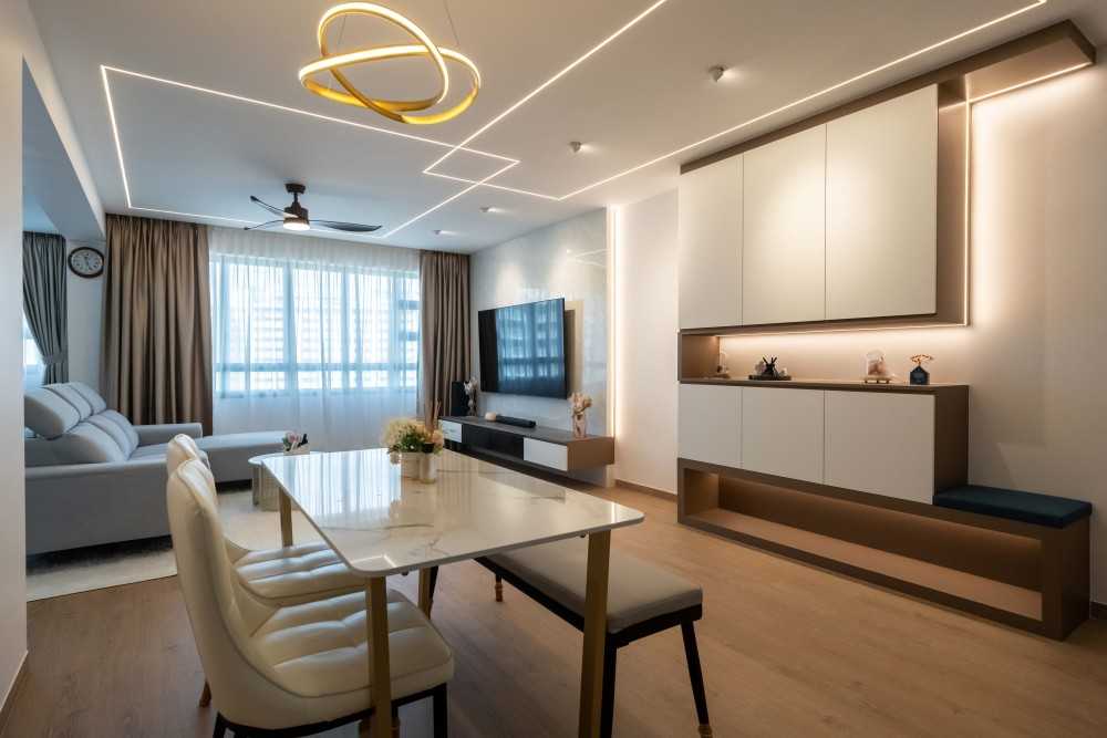 Contemporary Living Room with Vinyl Flooring and Feature Wall