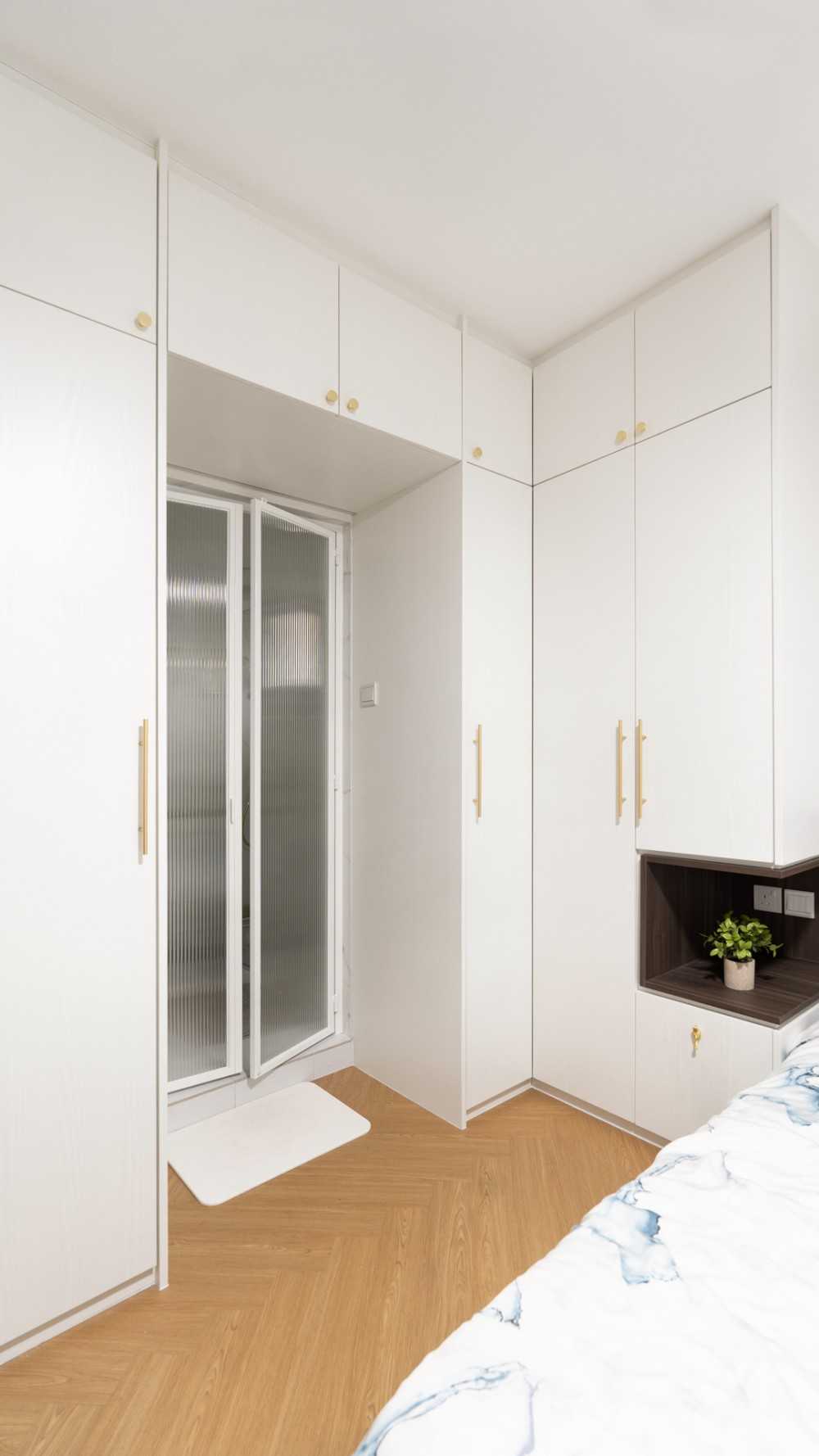 Scandinavian Bedroom with Vinyl Flooring and Storage Cabinets