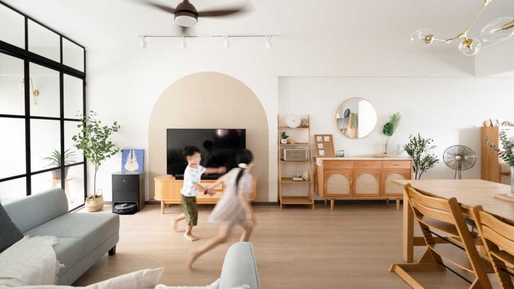 Scandinavian Living Room with Bookshelf and Settee