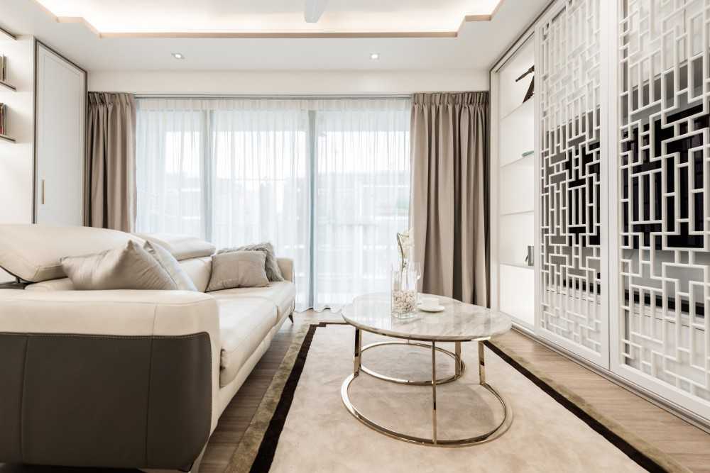 Asian Living Room with TV Console and Cove Lighting