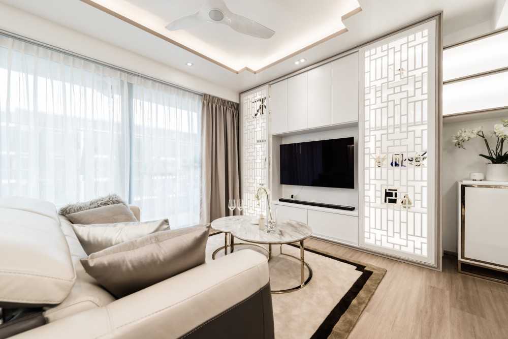 Asian Living Room with TV Console and Sofa