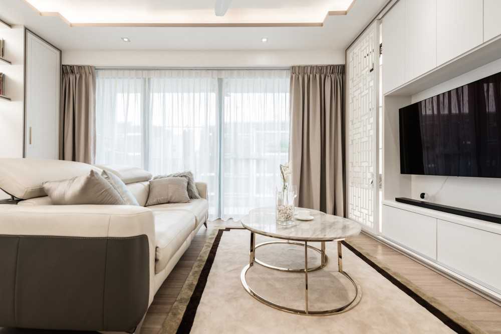 Asian Living Room with Cove Lighting and Coffee Table