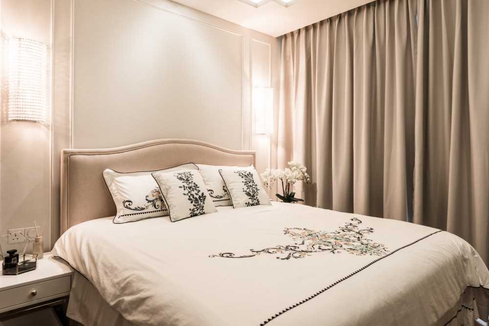 Asian Bedroom with Cove Lighting and Bedside Table
