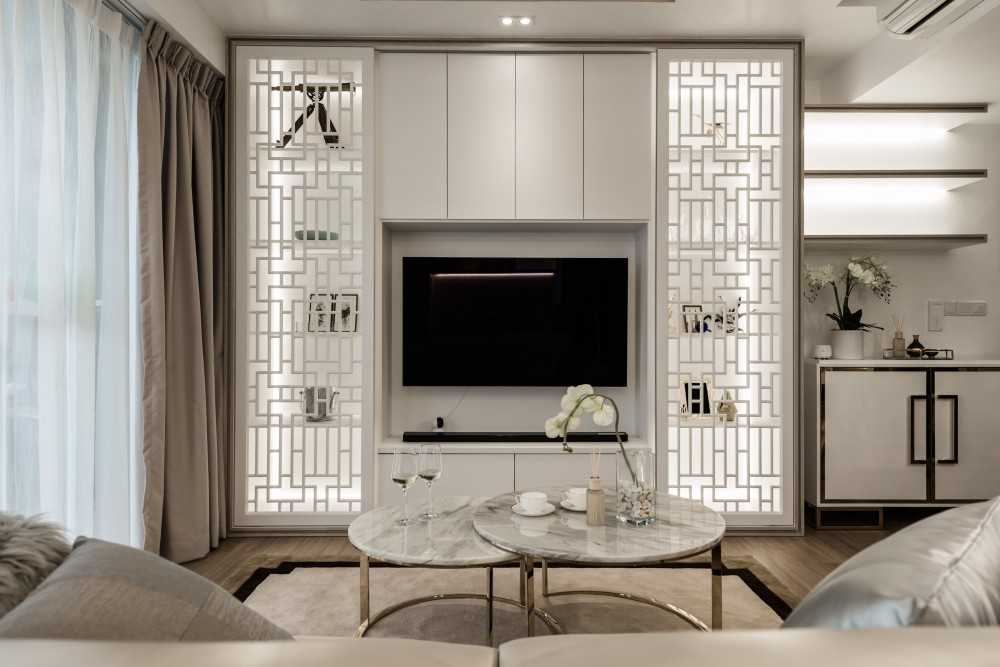 Asian Living Room with TV Console and Feature Wall