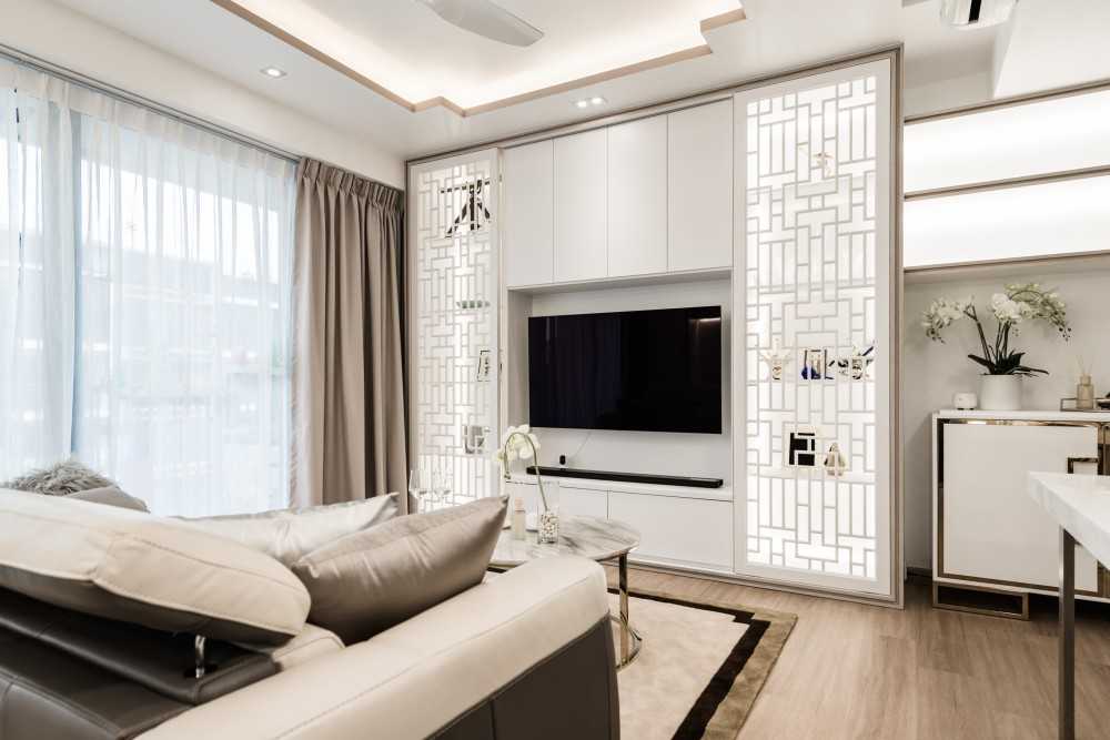 Asian Living Room with Feature Wall and Cove Lighting