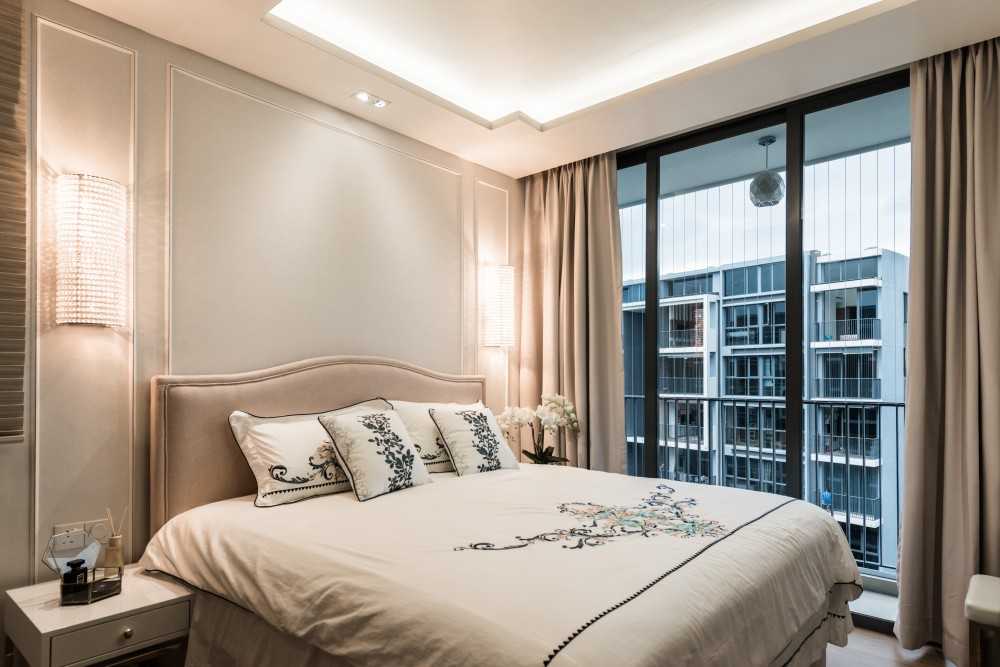 Asian Bedroom with Cove Lighting and Bedside Table