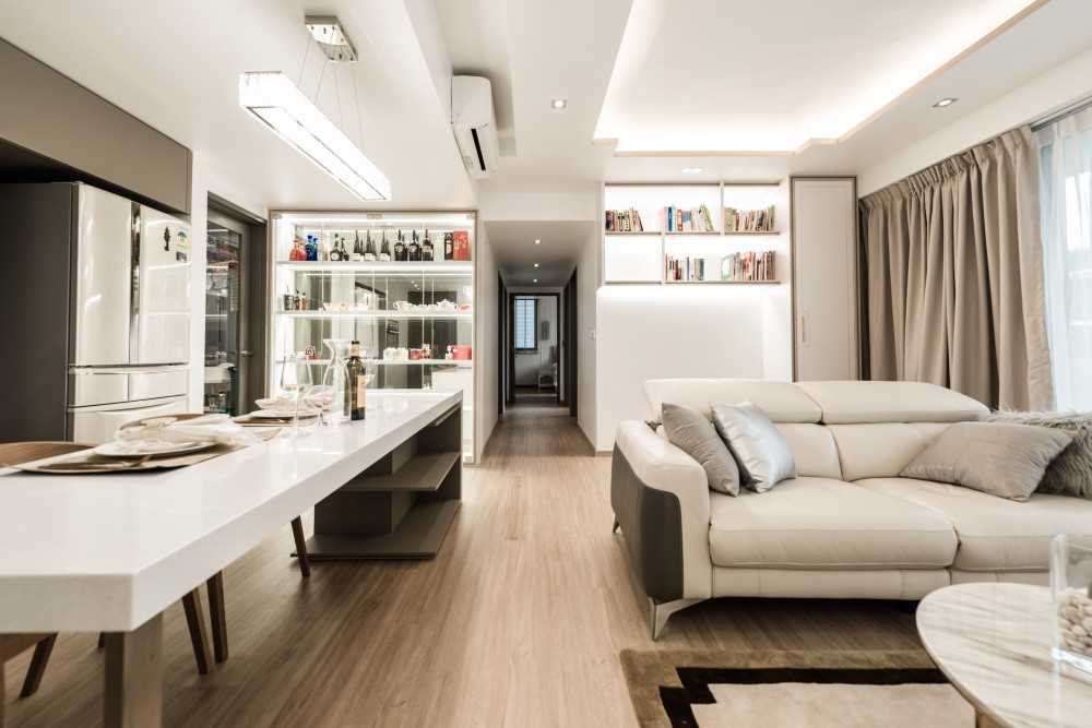 Asian Living Room with TV Console and Feature Wall