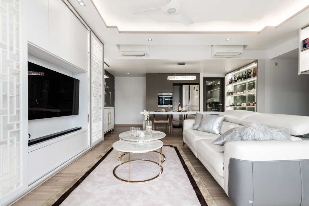 Asian Living Room with Cove Lighting and Sofa