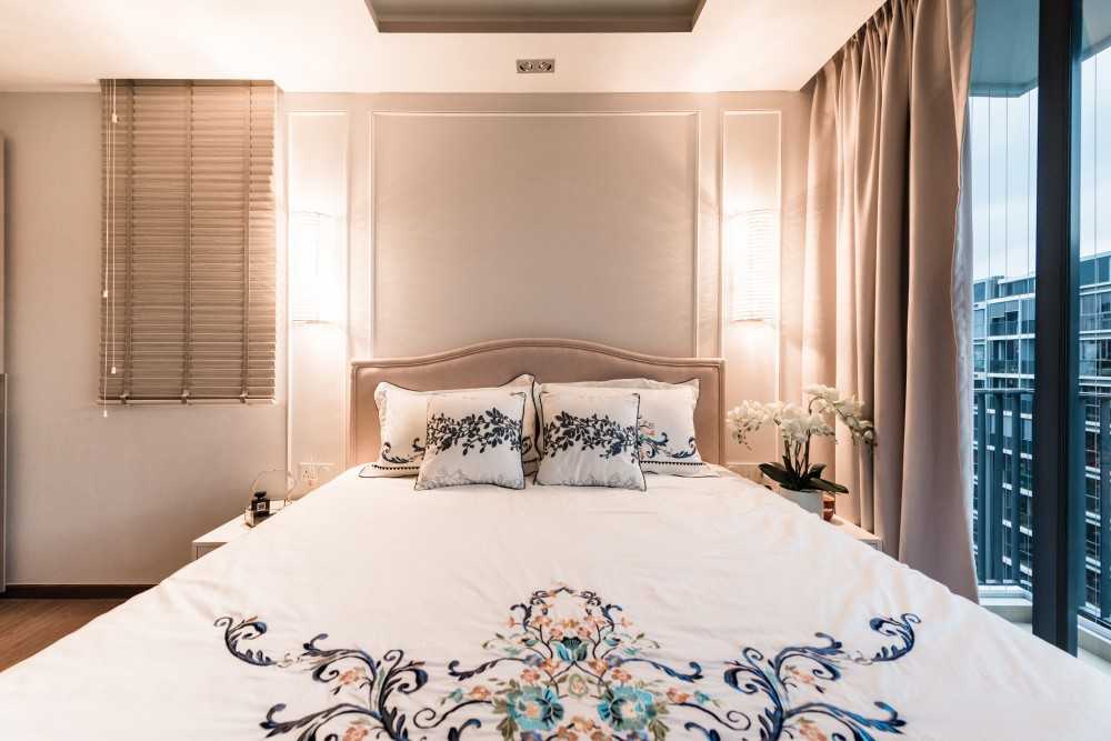 Asian Bedroom with Cove Lighting and Bedside Table