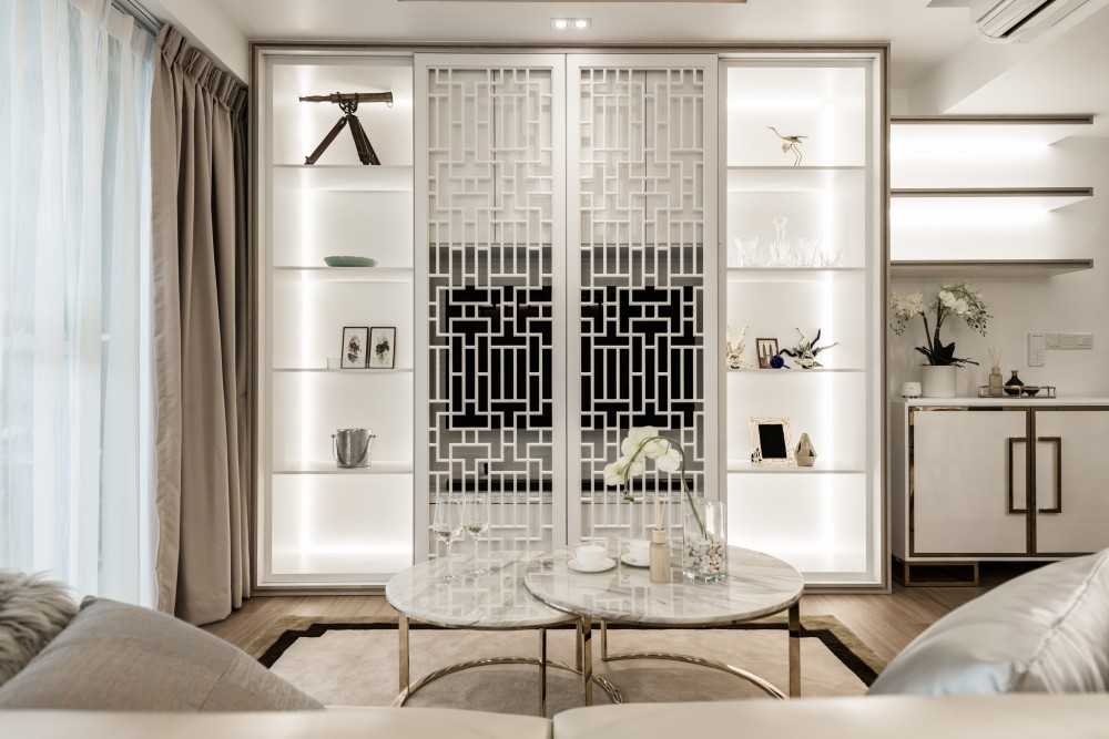 Asian Living Room with TV Console and Feature Wall