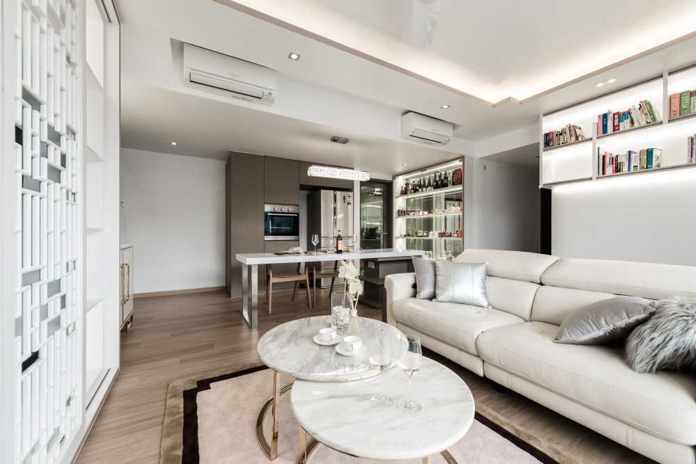 Asian Living Room with TV Console and Cove Lighting