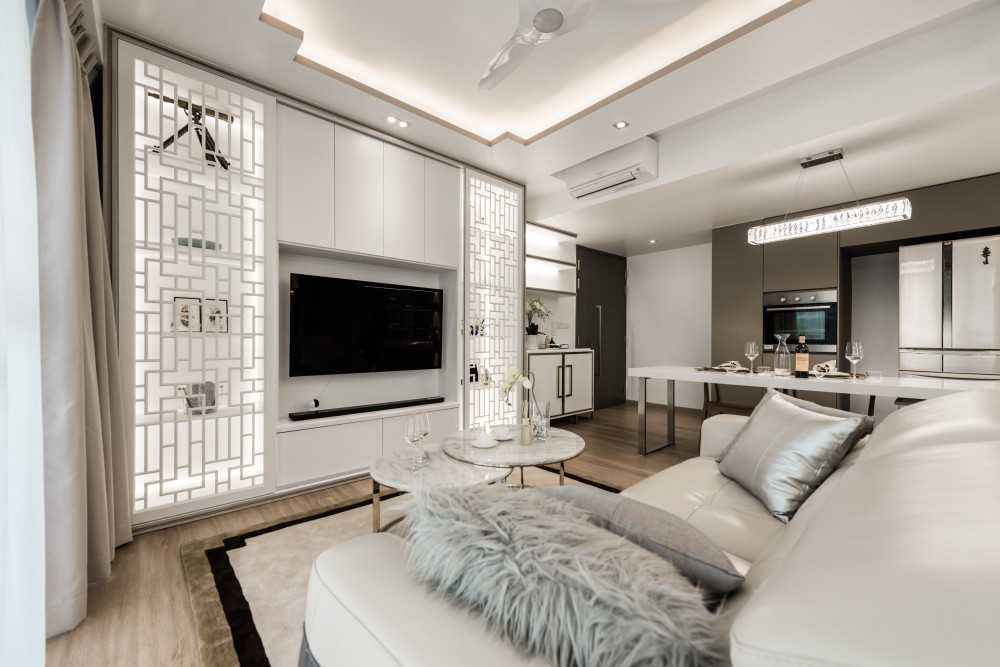 Asian Living Room with TV Console and Feature Wall