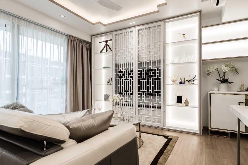 Asian Living Room with TV Console and Feature Wall