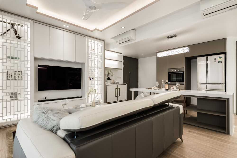 Asian Living Room with TV Console and Cove Lighting