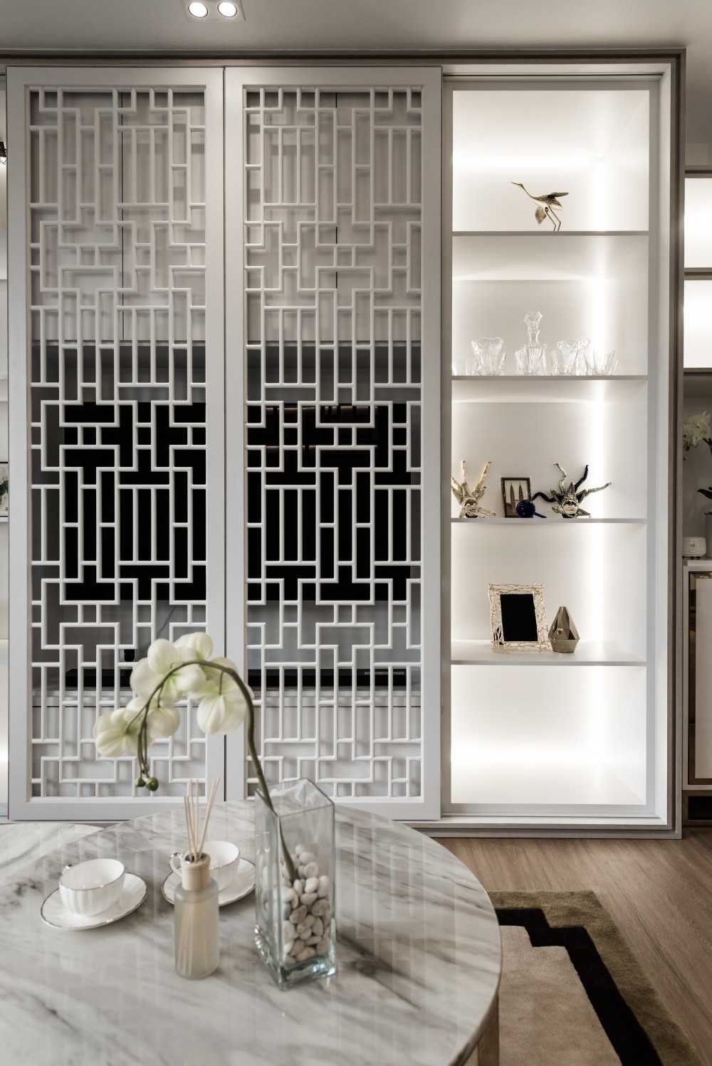 Asian Living Room with TV Console and Feature Wall