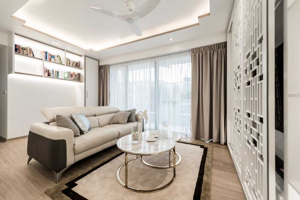 Asian Living Room with TV Console and Feature Wall