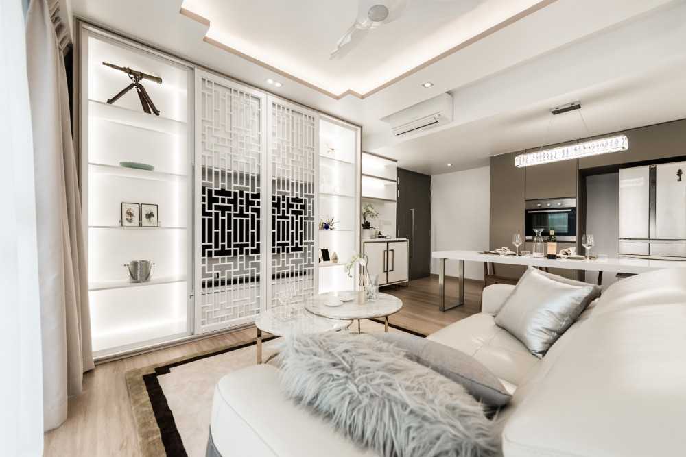 Asian Living Room with Cove Lighting and Sofa
