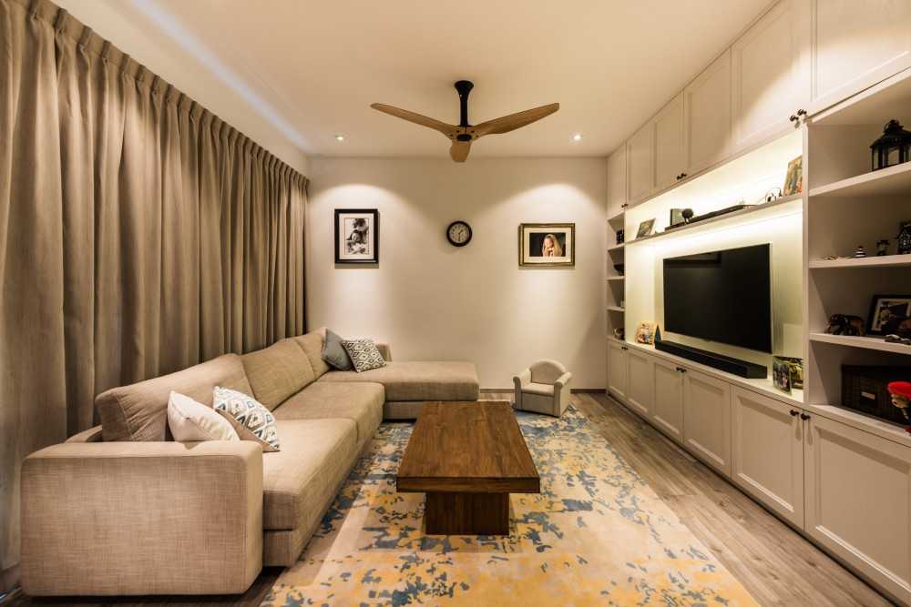 Transitional Living Room with TV Console and Cove Lighting