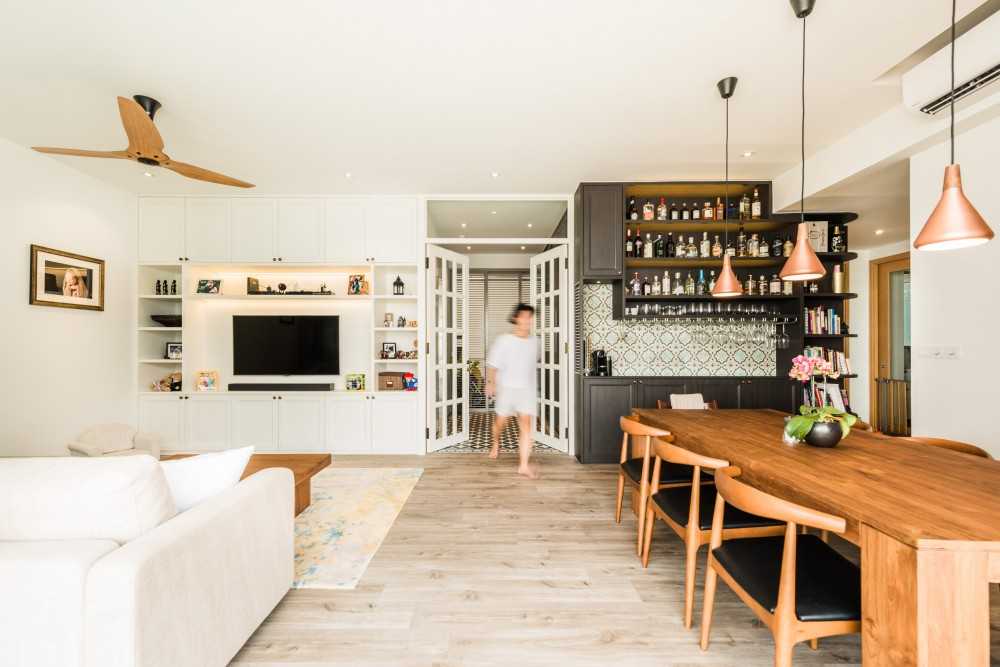 Transitional Living Room with TV Console and Cove Lighting