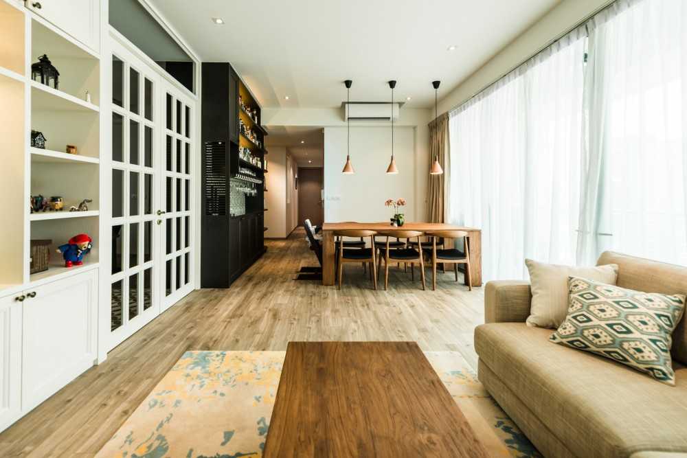 Transitional Living Room with TV Console and Feature Wall