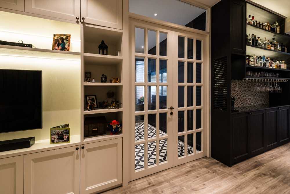 Transitional Living Room with TV Console and Feature Wall