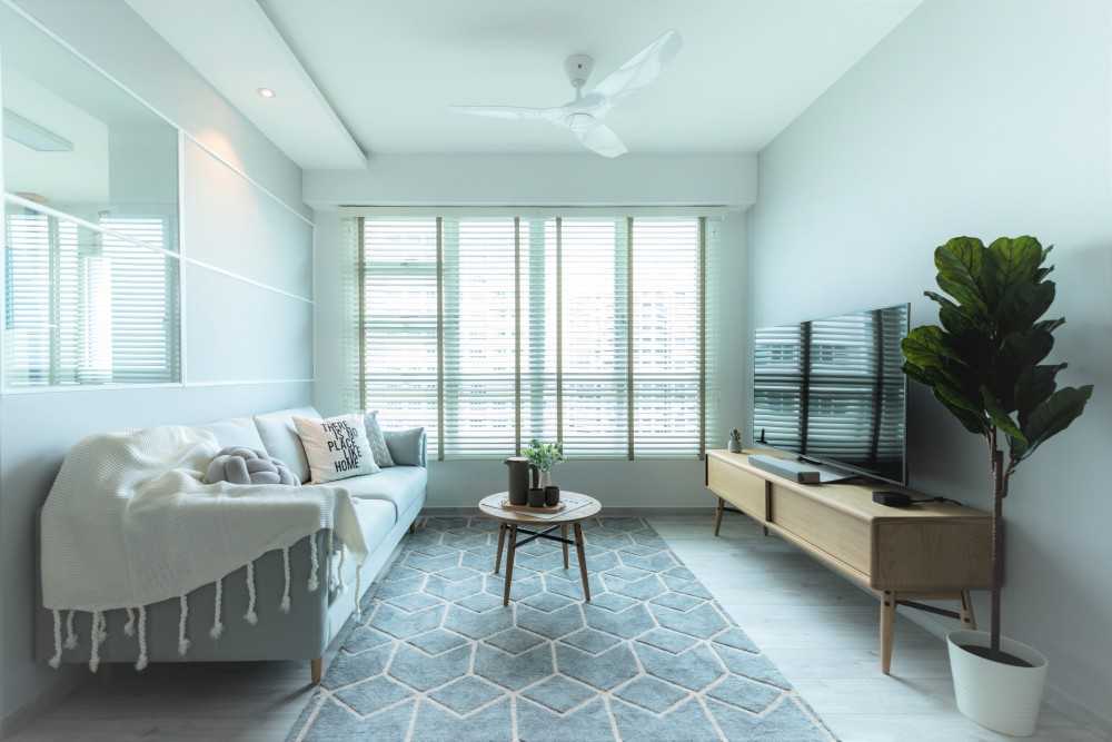 Scandinavian Living Room with TV Console and Feature Wall