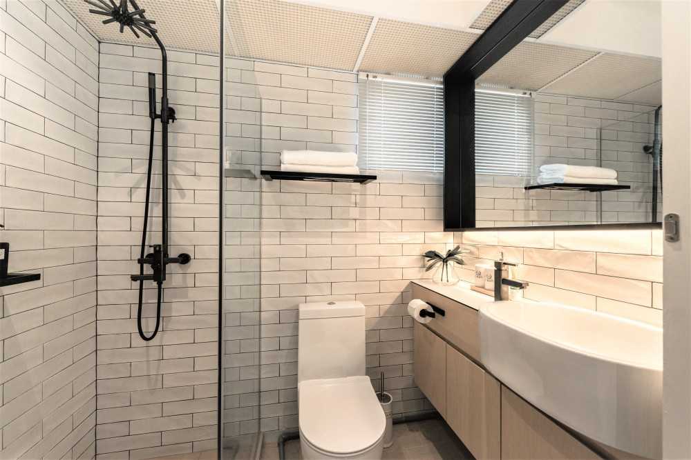 Scandinavian Bathroom with Countertop and Mirror