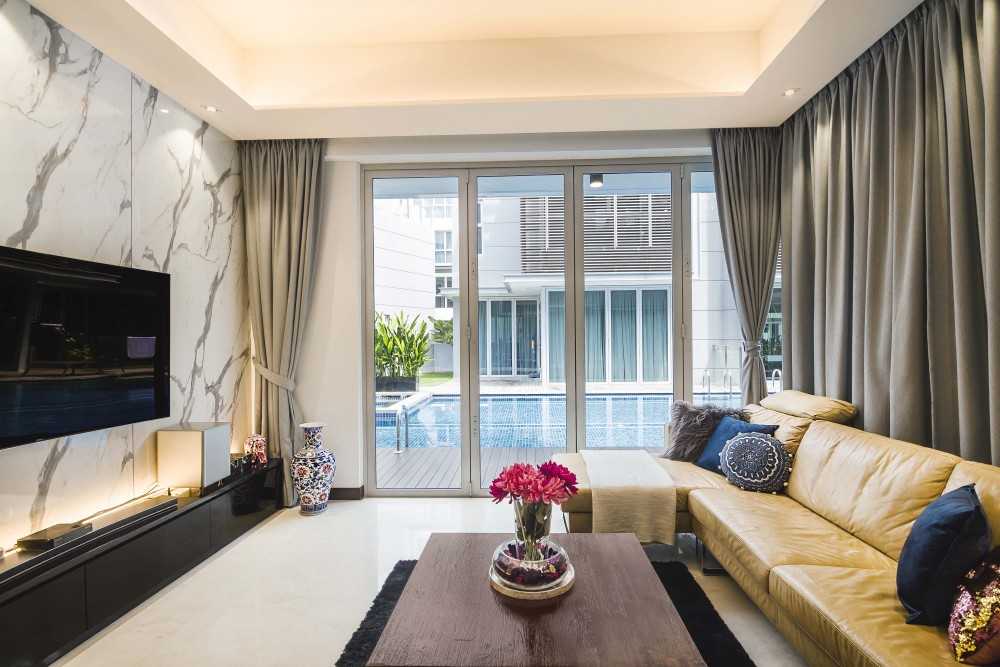 Transitional Living Room with TV Console and Feature Wall