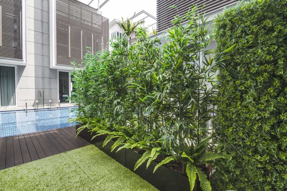 Transitional Pool with Outdoor Table and Outdoor Chairs