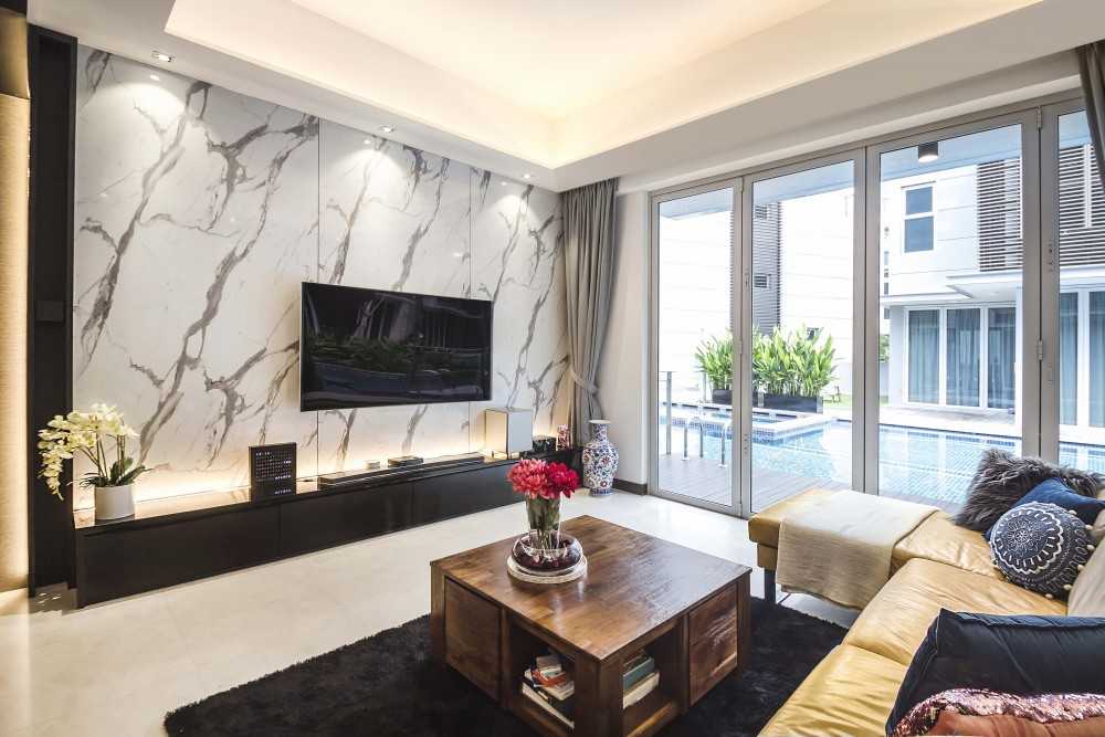 Transitional Living Room with TV Console and Feature Wall