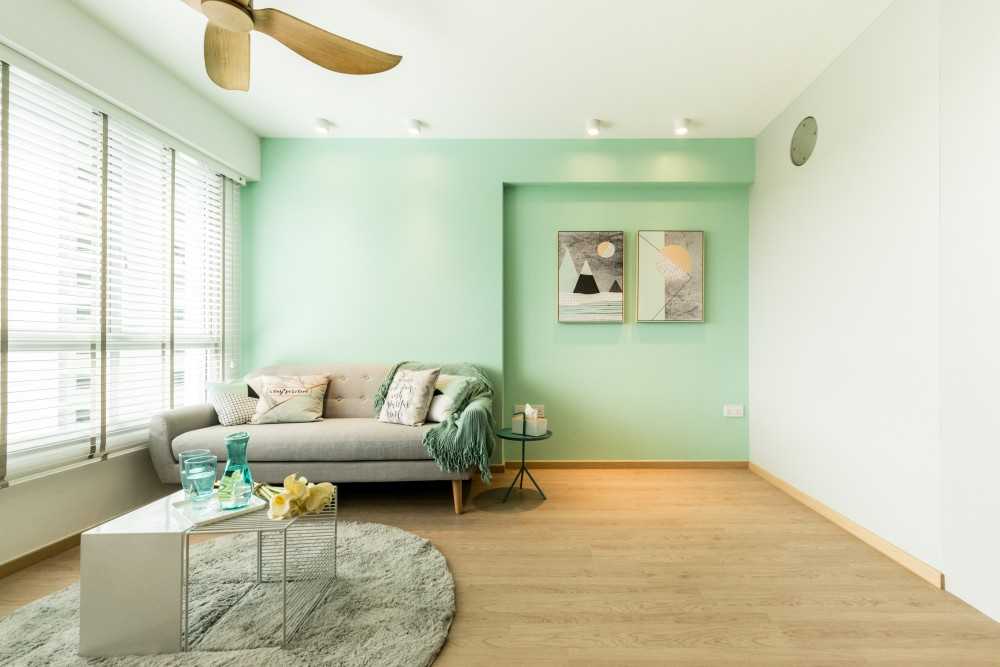 Scandinavian Living Room with TV Console and Feature Wall