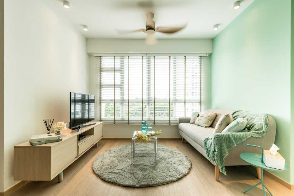 Scandinavian Living Room with TV Console and Feature Wall