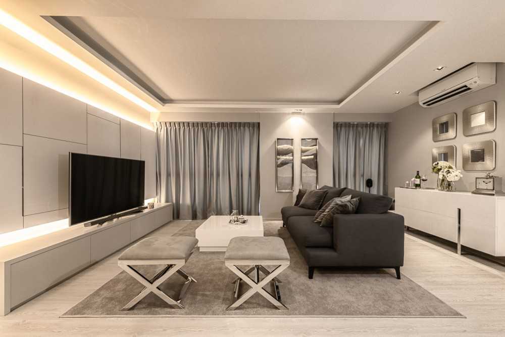 Contemporary Living Room with TV Console and Cove Lighting