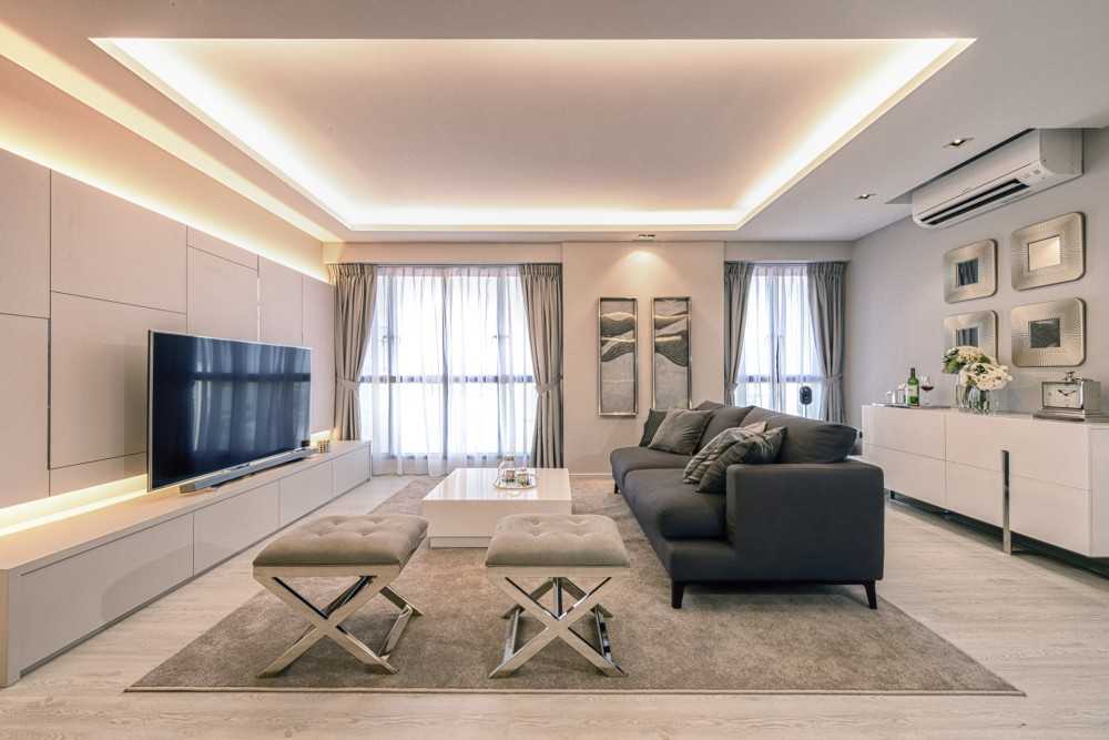 Contemporary Living Room with TV Console and Cove Lighting