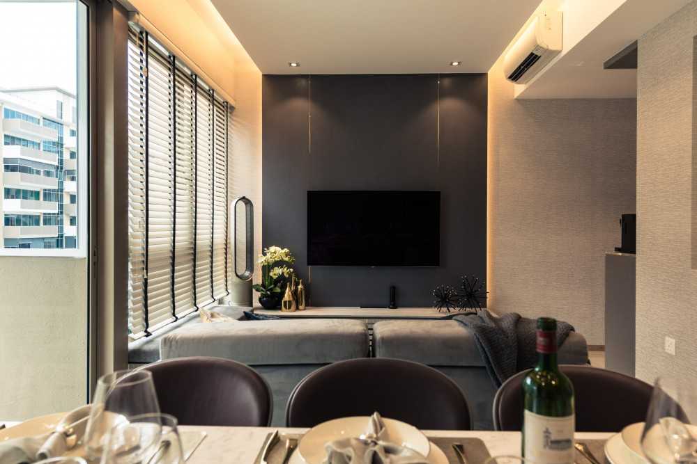 Transitional Living Room with TV Console and Feature Wall