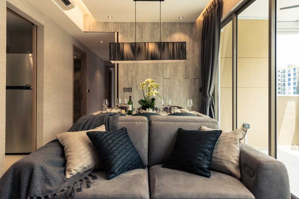 Transitional Living Room with Feature Wall and Cove Lighting