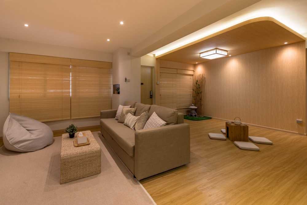 Asian Living Room with Vinyl Flooring and Sofa