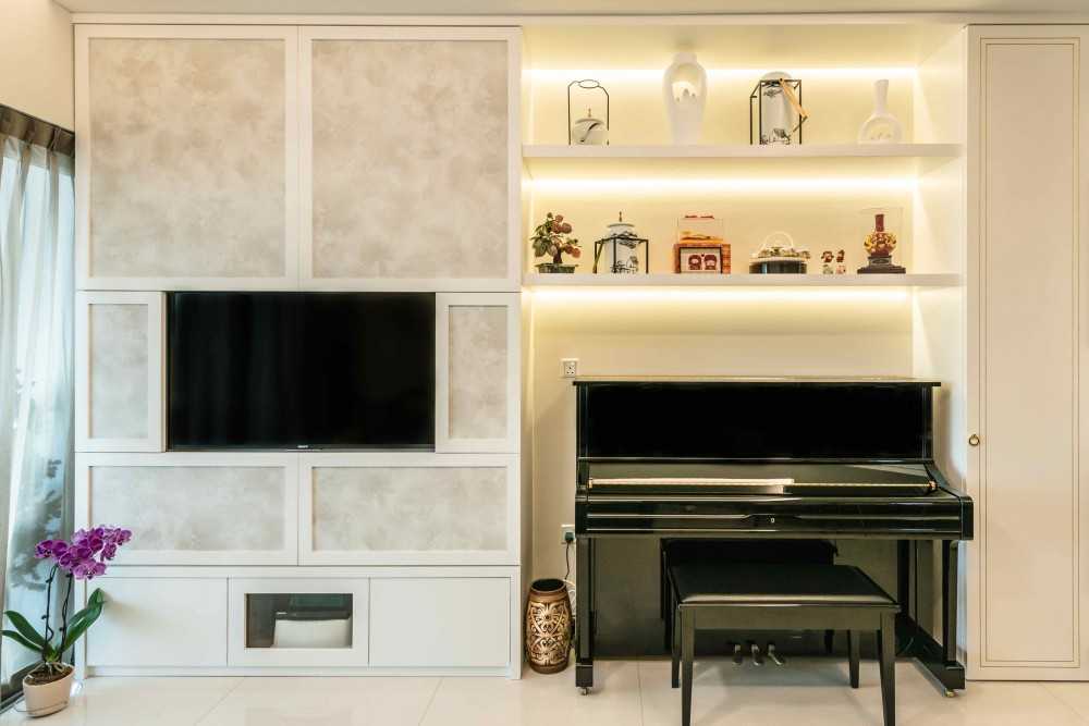 Asian Living Room with Feature Wall and Cove Lighting
