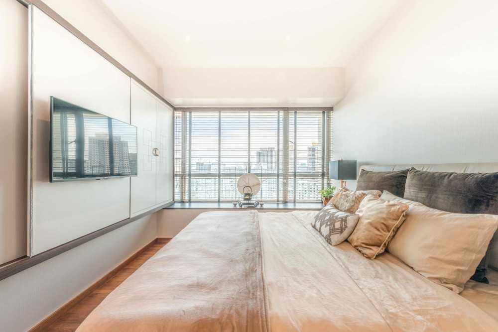 Asian Bedroom with Bay Window and Bedside Table