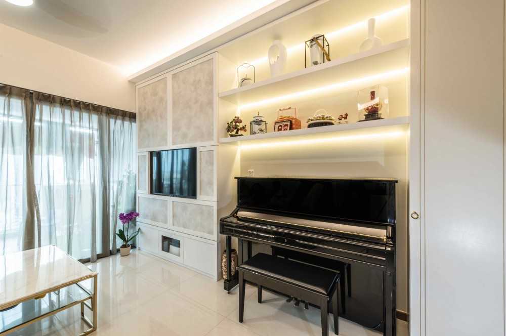 Asian Living Room with Feature Wall and Cove Lighting